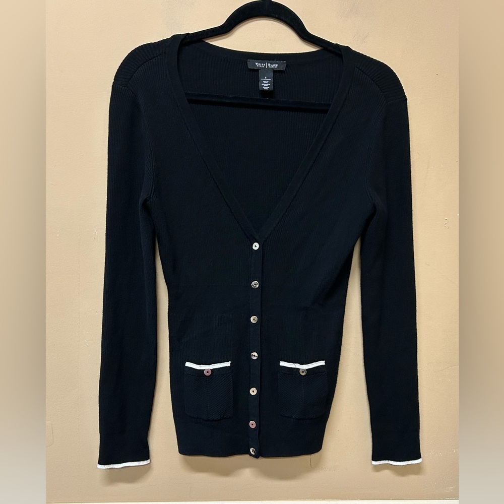 White House Black Market Ribbed Cardigan Sweater Size S Black Snap Button